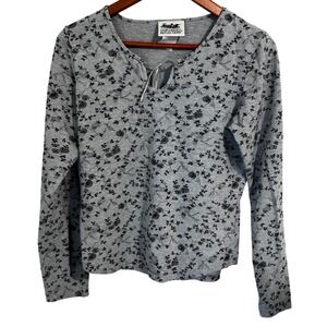 Northern Reflections Gray Long Sleeve Floral Print Tee Ribbon Tie at Neck Size M